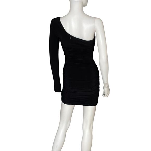 City Studios Juniors' Asymmetric One-Sleeve Feather-Trim Ruched Bodycon Dress XS - Picture 6 of 9